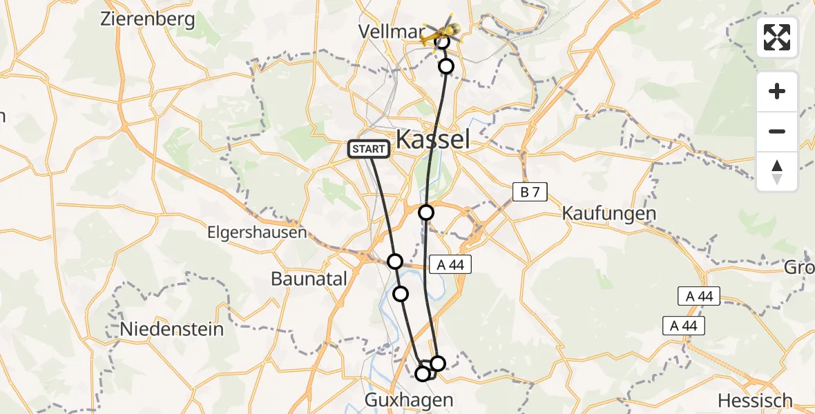 Flugroute Rettungshubschrauber Kassel - Fuldatal Bundespolizei Hubschrauberlandeplatz, 26 Juni 2026, 05:09