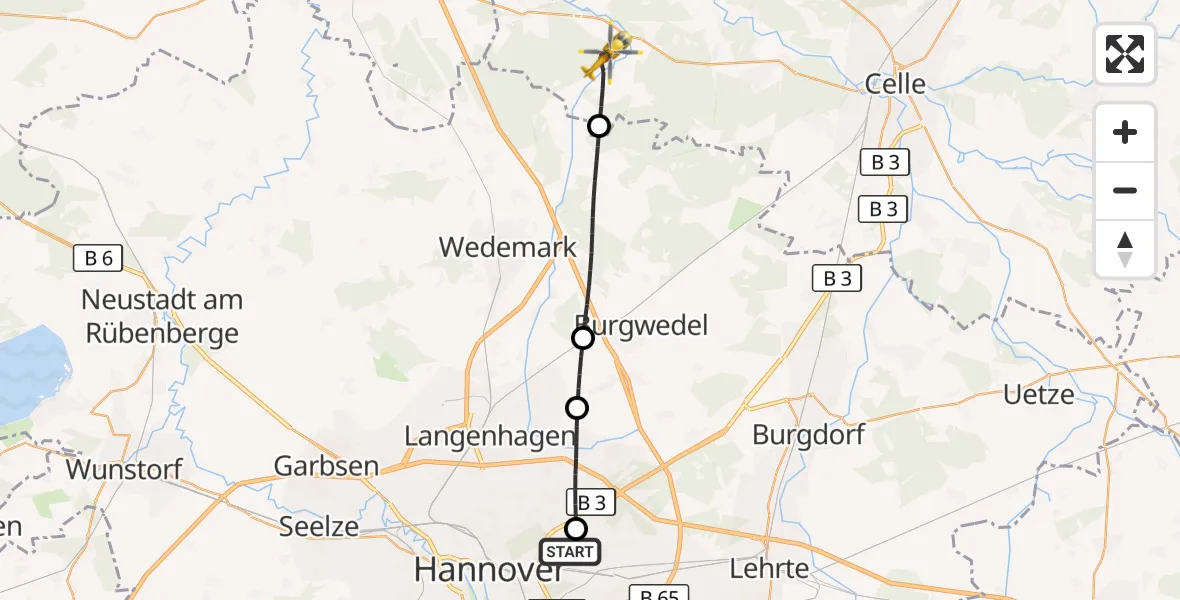Flugroute Rettungshubschrauber Hannover Luftrettung Hubschrauberlandeplatz (Christoph 4) - Wietze, 26 Juni 2026, 05:22