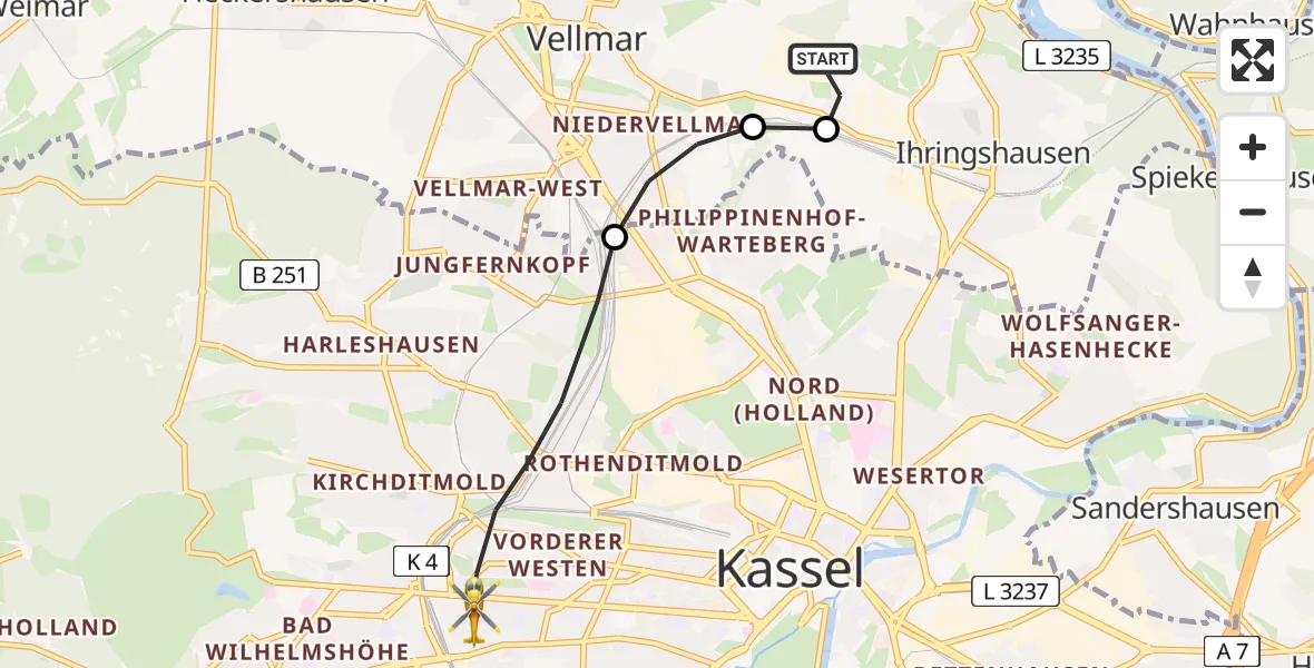 Flugroute Rettungshubschrauber Fuldatal Bundespolizei Hubschrauberlandeplatz - Kassel, 26 Juni 2026, 05:28