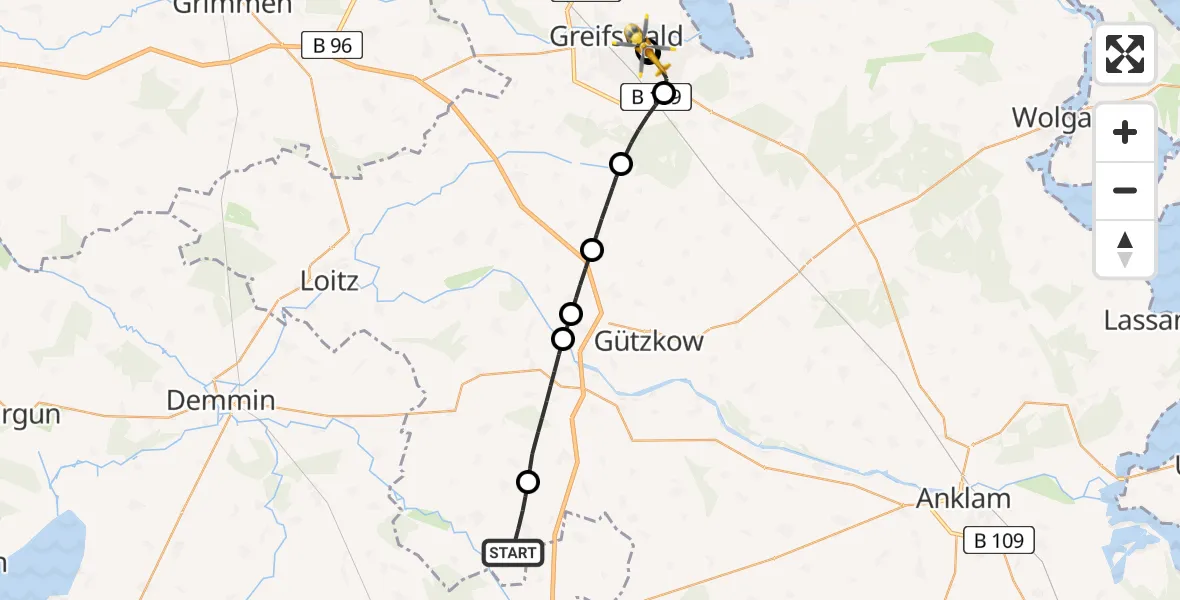 Flugroute Rettungshubschrauber Daberkow - Greifswald Hospital, 26 Juni 2026, 05:43