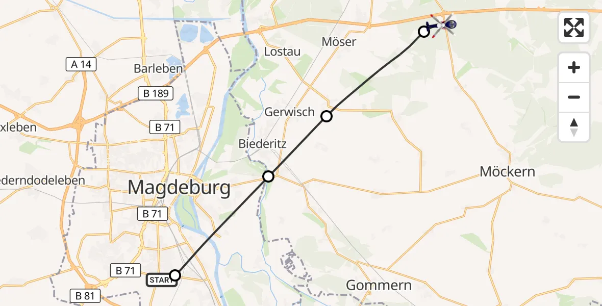 Flugroute Polizeihubschrauber Magdeburg City Flugplatz - Burg, 26 Juni 2026, 05:48