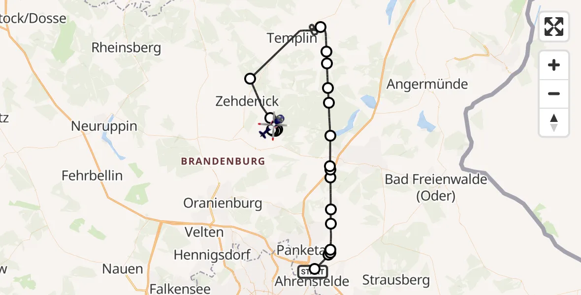 Flugroute Polizeihubschrauber Ahrensfelde Hubschrauberlandeplatz - Schorfheide, 26 Juni 2026, 05:50