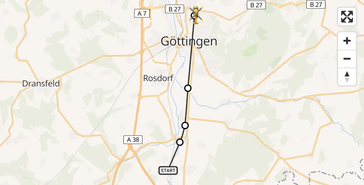 Flugroute Rettungshubschrauber Friedland - Göttingen University Clinic Hubschrauberlandeplatz, 26 Juni 2026, 05:56