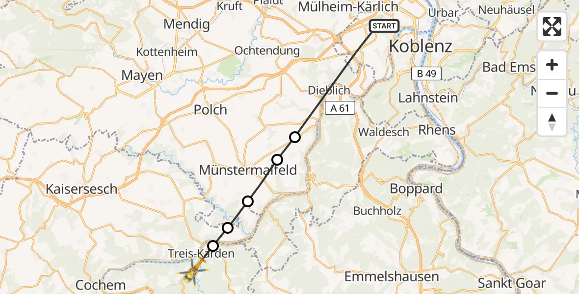 Flugroute Rettungshubschrauber Koblenz - Treis-Karden, 26 Juni 2026, 05:57