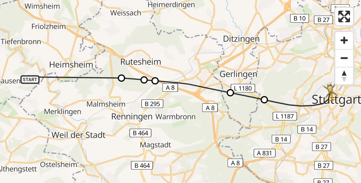 Flugroute Rettungshubschrauber Tiefenbronn - Stuttgart, 26 Juni 2026, 05:58