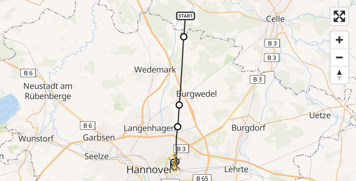 Flugroute Rettungshubschrauber Wietze - Hannover Luftrettung Hubschrauberlandeplatz (Christoph 4), 26 Juni 2026, 06:01
