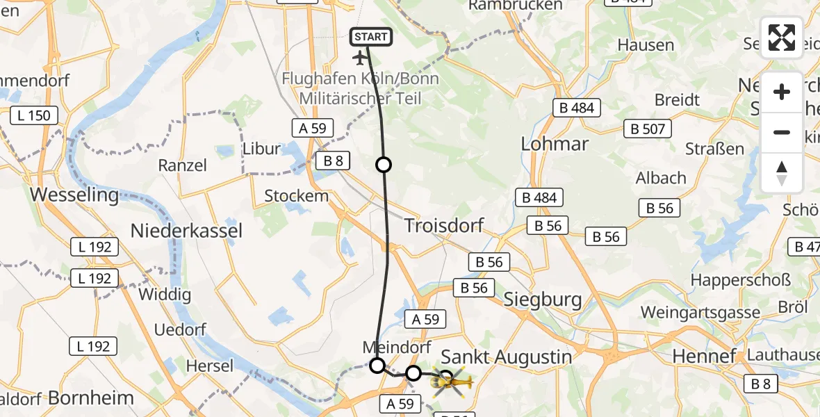 Flugroute Rettungshubschrauber Köln Bonn Flughafen - Bonn-Hangelar Flugplatz, 26 Juni 2026, 06:01