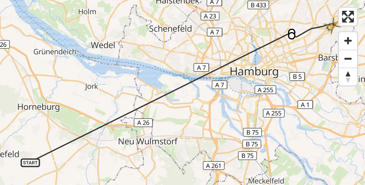 Flugroute Rettungshubschrauber Harsefeld - Hamburg, 26 Juni 2026, 06:07