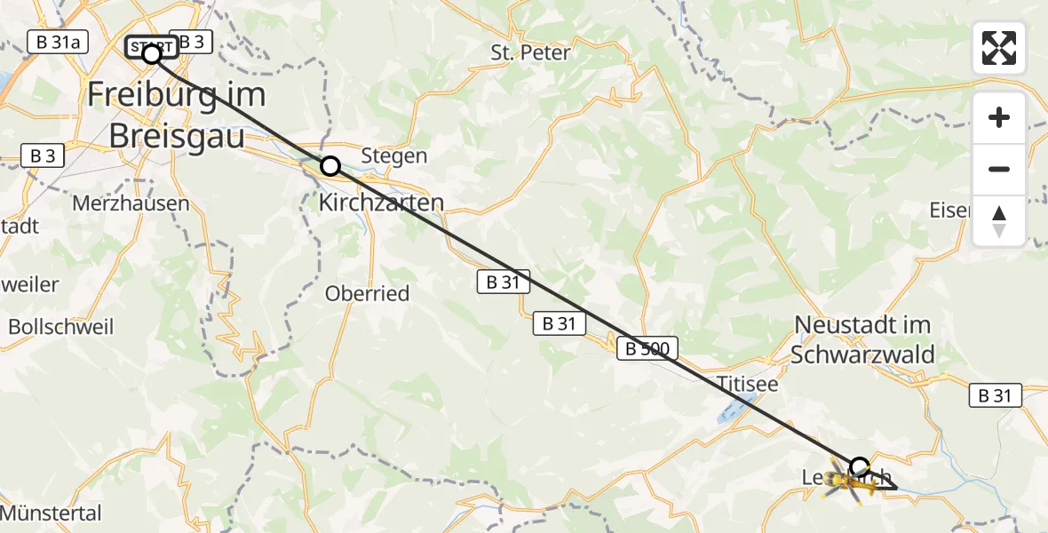 Flugroute Ambulanzhubschrauber Freiburg im Breisgau Flugplatz - Lenzkirch, 26 Juni 2026, 06:09