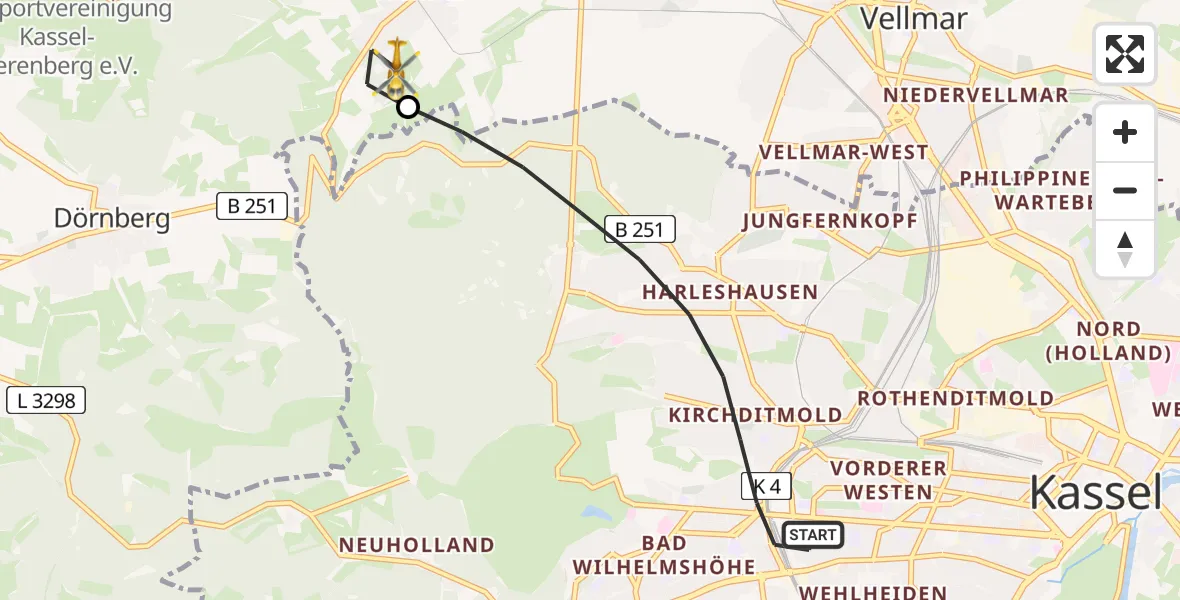 Flugroute Rettungshubschrauber Kassel - Ahnatal, 26 Juni 2026, 06:09