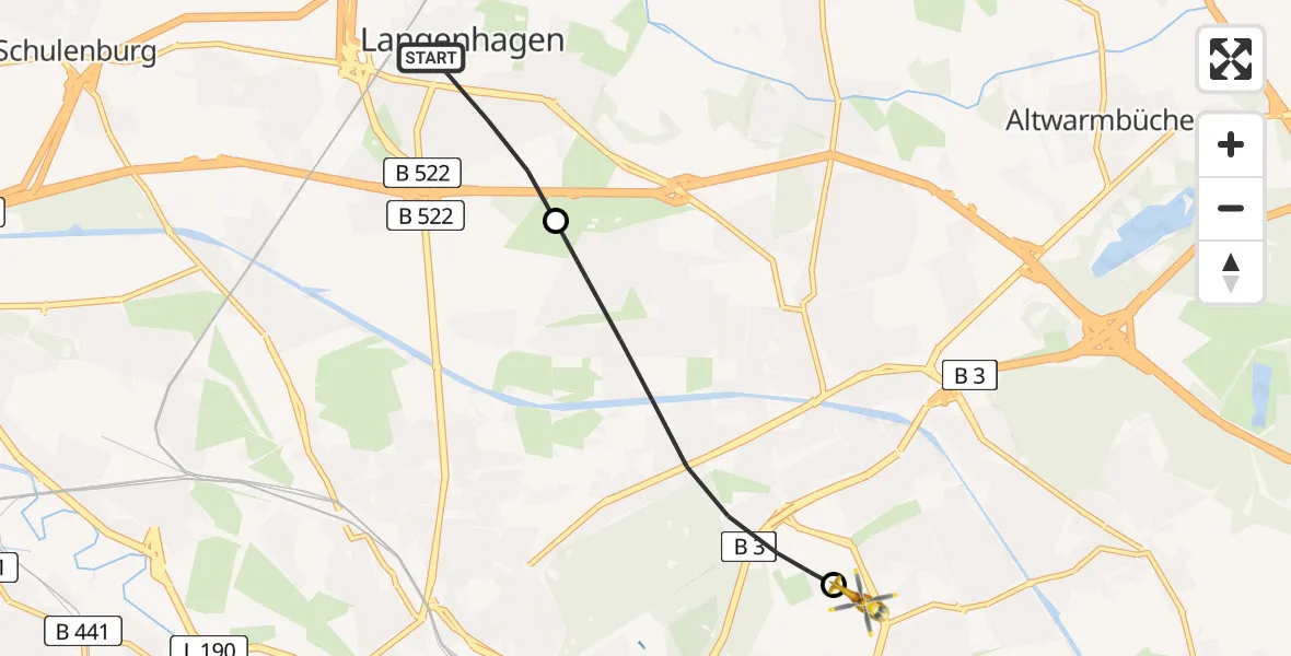 Flugroute Rettungshubschrauber Langenhagen - Hannover Luftrettung Hubschrauberlandeplatz (Christoph 4), 26 Juni 2026, 06:20