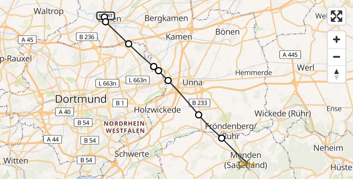 Flugroute Rettungshubschrauber Sankt Marien Hospital - Menden (Sauerland), 26 Juni 2026, 06:21