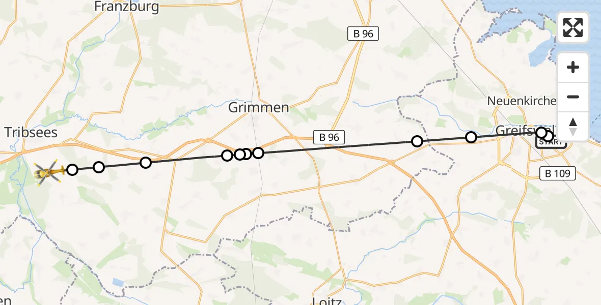 Flugroute Rettungshubschrauber Greifswald Hospital - Deyelsdorf, 26 Juni 2026, 06:21