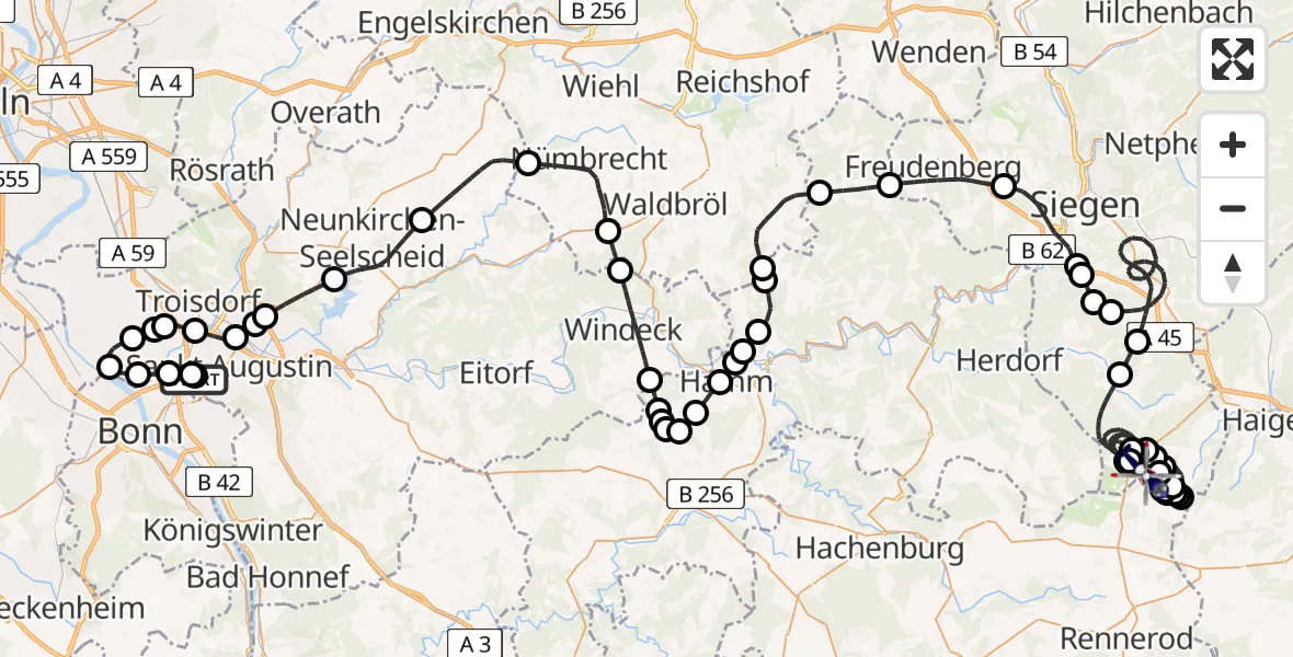 Flugroute Polizeihubschrauber Sankt Augustin - Siegerland Flughafen, 26 Juni 2026, 06:24