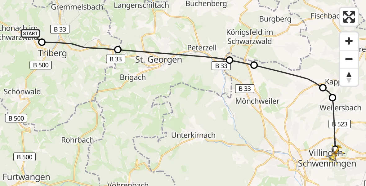 Flugroute Ambulanzhubschrauber Schonach im Schwarzwald - DRF Air Rescue Station Villingen-Schwenningen Hubschrauberlandeplatz (Christoph 11), 26 Juni 2026, 06:34