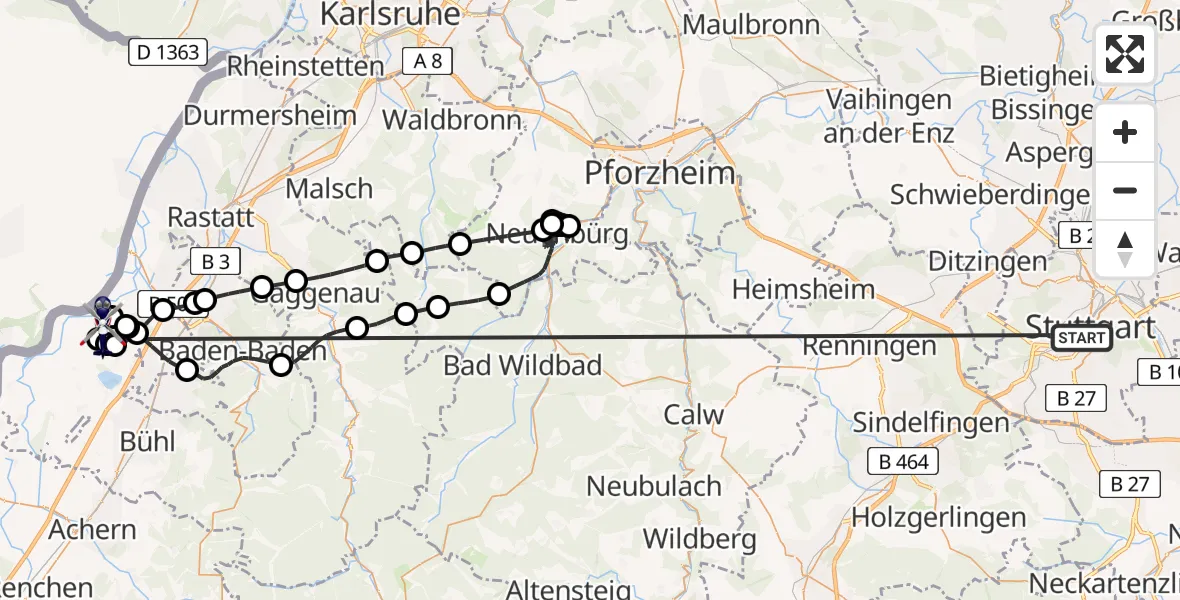 Flugroute Polizeihubschrauber Stuttgart - Karlsruhe Baden-Baden Flughafen, 26 Juni 2026, 06:35
