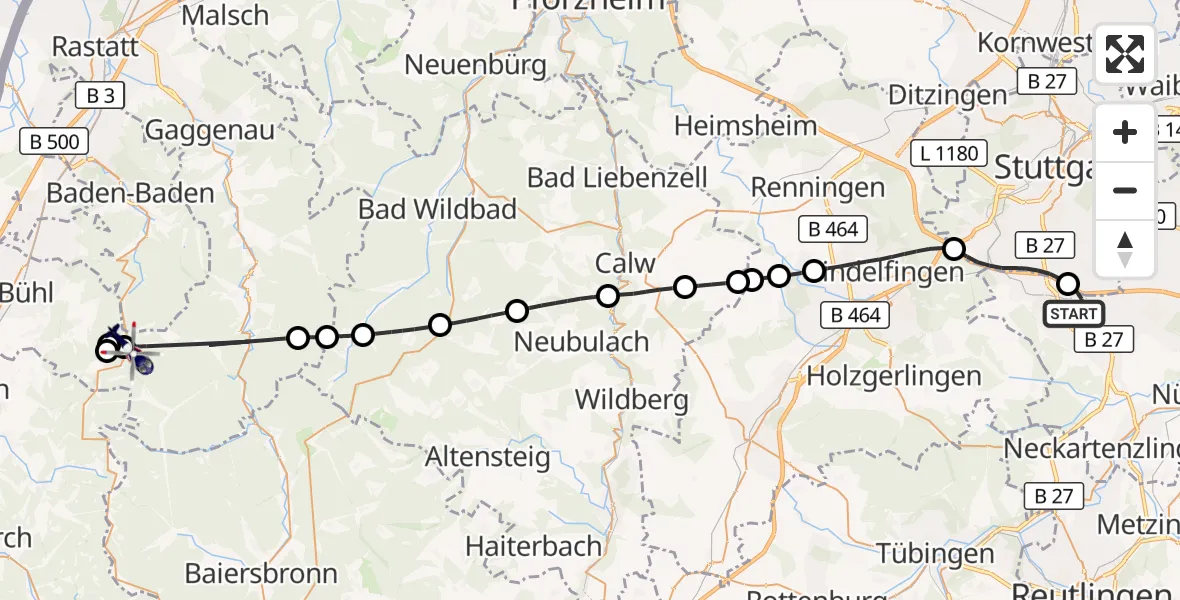 Flugroute Polizeihubschrauber Flughafen Stuttgart - Bühl, 26 Juni 2026, 06:38