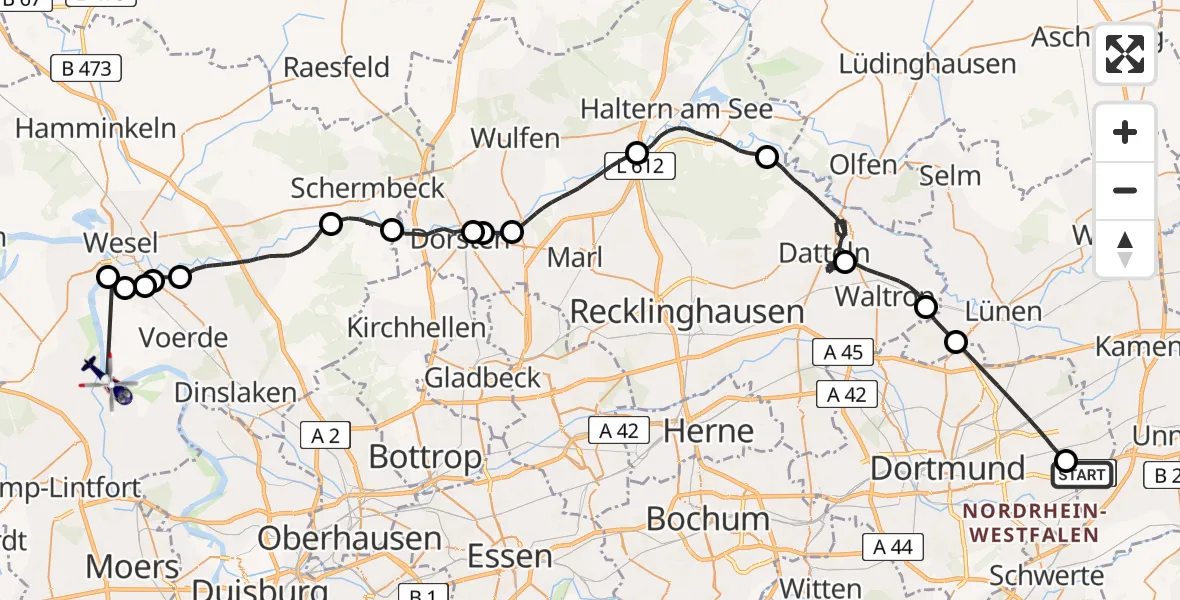 Flugroute Polizeihubschrauber Dortmund Flughafen - Rheinberg, 26 Juni 2026, 06:38