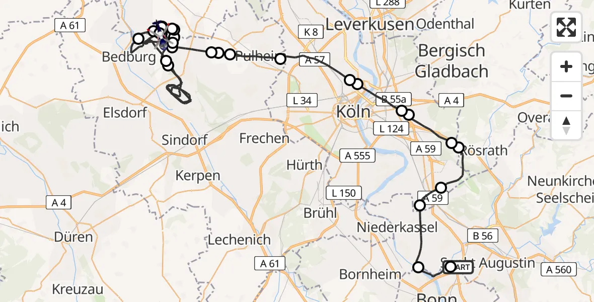 Flugroute Polizeihubschrauber Sankt Augustin - Bedburg, 26 Juni 2026, 06:39