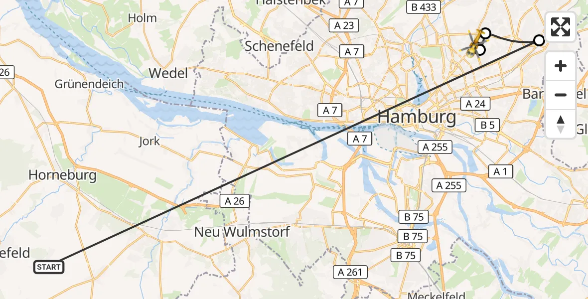 Flugroute Rettungshubschrauber Harsefeld - Hamburg, 26 Juni 2026, 06:41