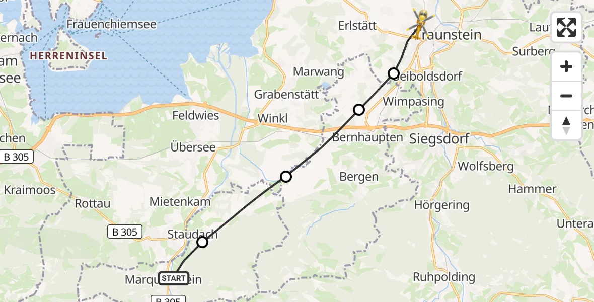 Flugroute Rettungshubschrauber Marquartstein - Traunstein Hospital, 26 Juni 2026, 06:41