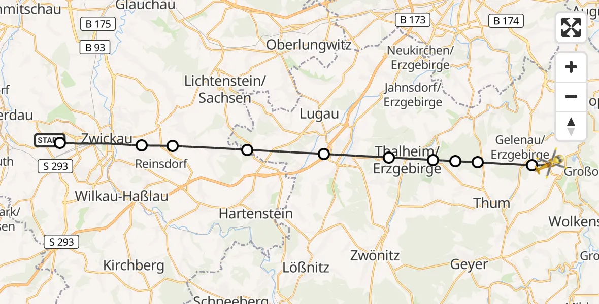 Flugroute Rettungshubschrauber ADAC Air Rescue Station Zwickau Hubschrauberlandeplatz - Drebach, 26 Juni 2026, 06:43