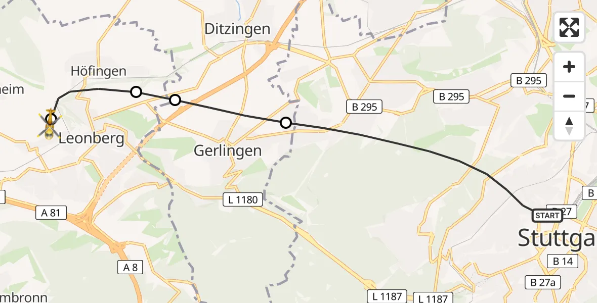 Flugroute Rettungshubschrauber Stuttgart - Leonberg Hospital, 26 Juni 2026, 06:50