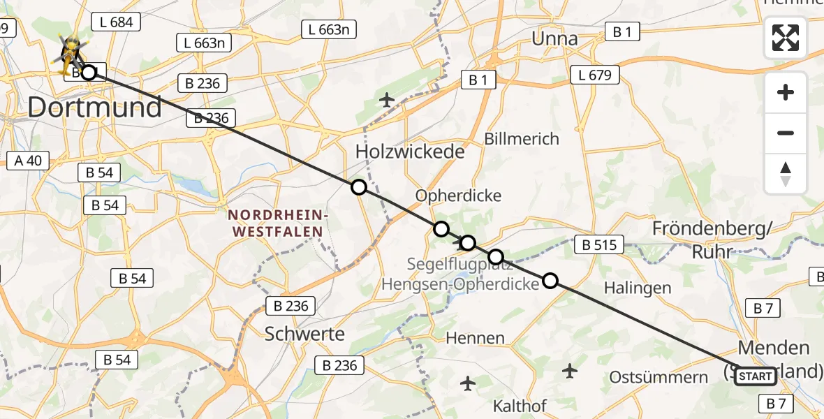 Flugroute Rettungshubschrauber Menden (Sauerland) - Dortmund Hospital North Hubschrauberlandeplatz, 26 Juni 2026, 06:57