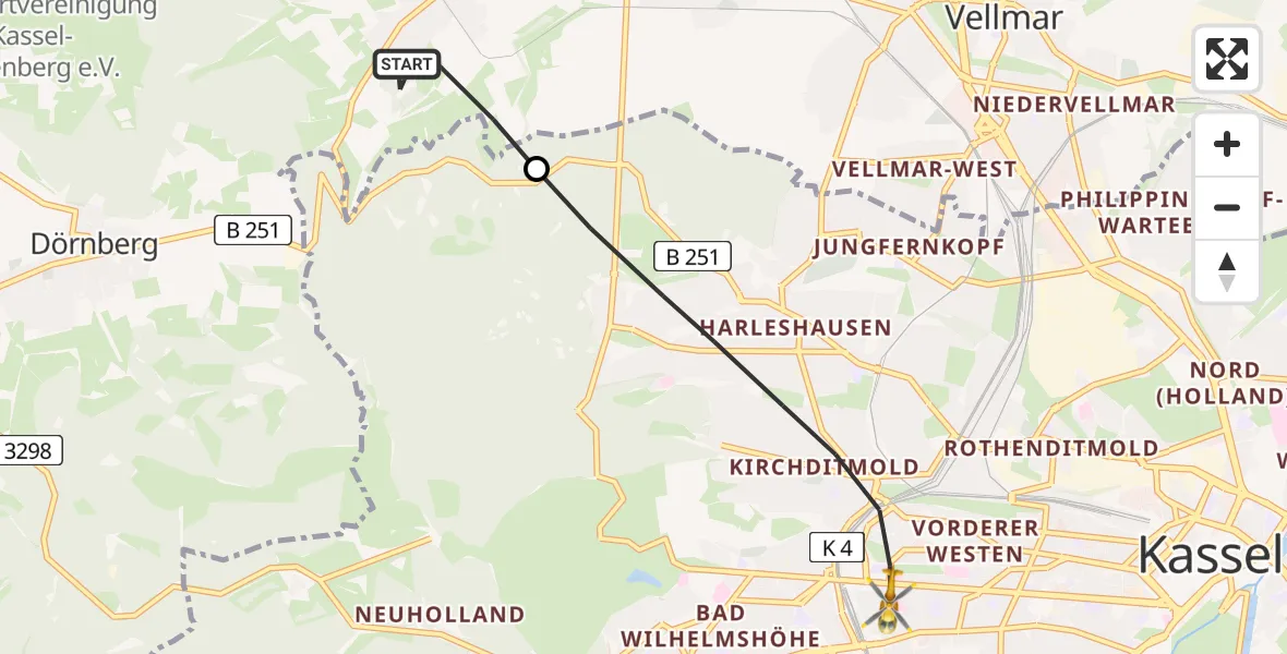 Flugroute Rettungshubschrauber Ahnatal - Kassel, 26 Juni 2026, 07:00