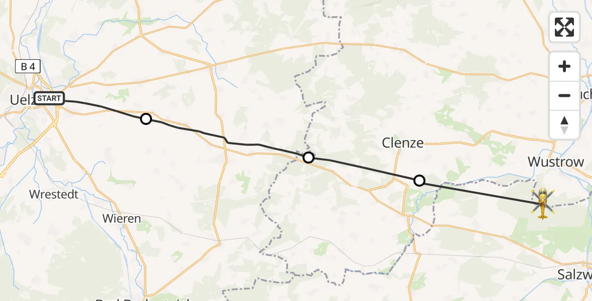 Flugroute Rettungshubschrauber Uelzen - Wustrow (Wendland), 26 Juni 2026, 07:00