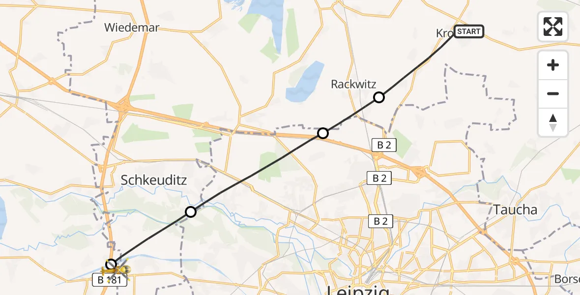 Flugroute Rettungshubschrauber Krostitz - ADAC Air Rescue Station Leipzig/Schkeuditz-Dölzig Hubschrauberlandeplatz (Christoph 61), 26 Juni 2026, 07:05