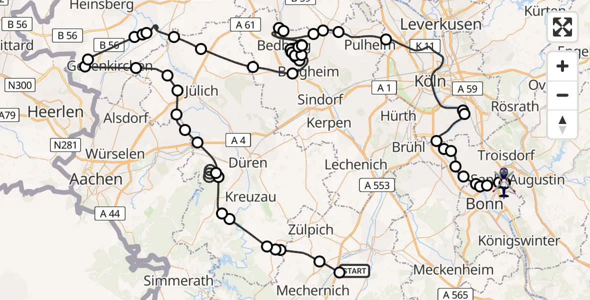 Flugroute Polizeihubschrauber Euskirchen - Sankt Augustin, 26 Juni 2026, 07:06