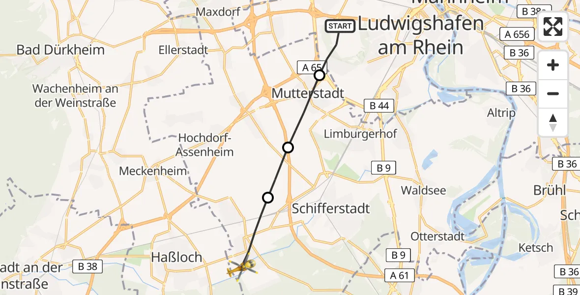 Flugroute Rettungshubschrauber Ludwigshafen am Rhein - Böhl-Iggelheim, 26 Juni 2026, 07:09