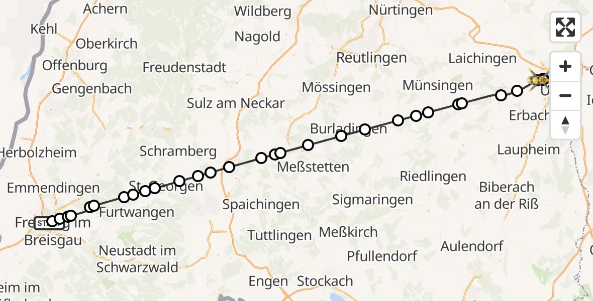 Flugroute Rettungshubschrauber Freiburg im Breisgau Flugplatz - Ulm Military Hospital Emergency, 26 Juni 2026, 07:09