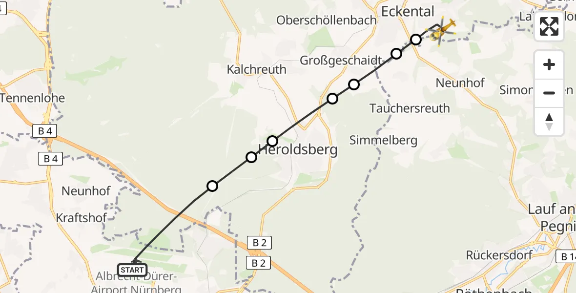 Flugroute Rettungshubschrauber Flughafen Nuremberg - Eckental, 26 Juni 2026, 07:12