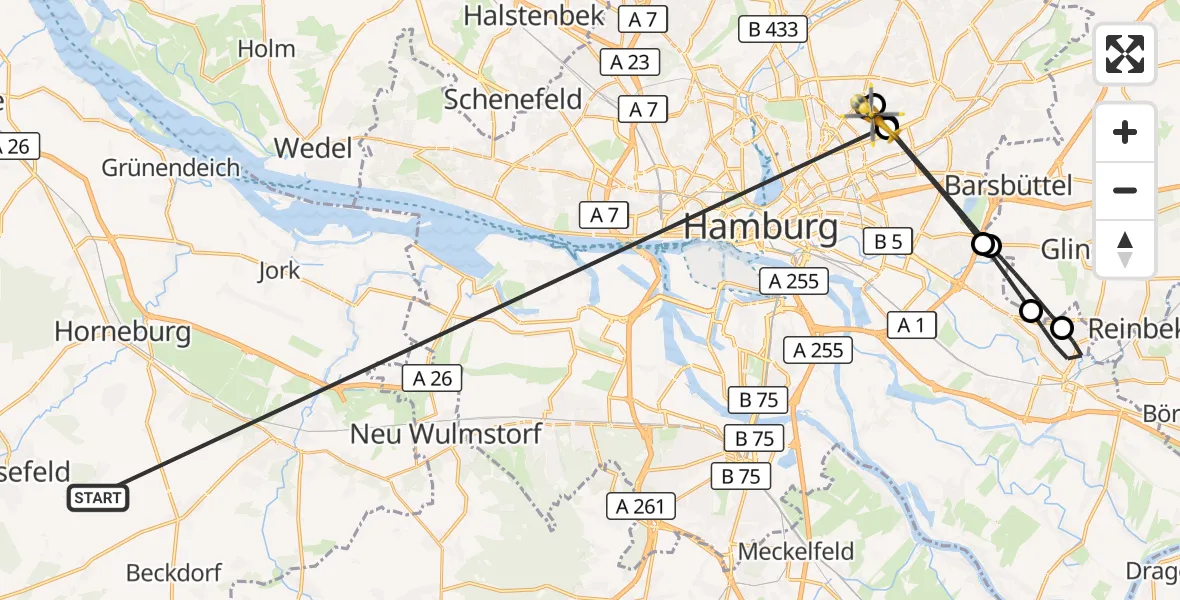 Flugroute Rettungshubschrauber Harsefeld - Hamburg Bundeswehrkrankenhaus Hubschrauberlandeplatz, 26 Juni 2026, 07:13