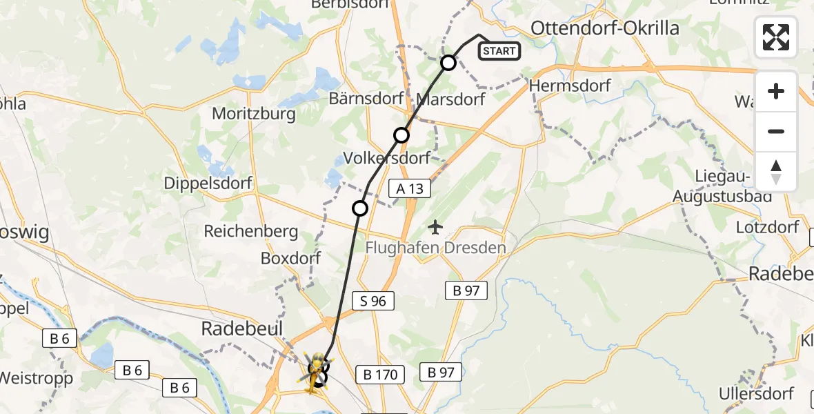 Flugroute Rettungshubschrauber Ottendorf-Okrilla - Dresden Neustadt Krankenhaus Hubschrauberlandeplatz, 26 Juni 2026, 07:31