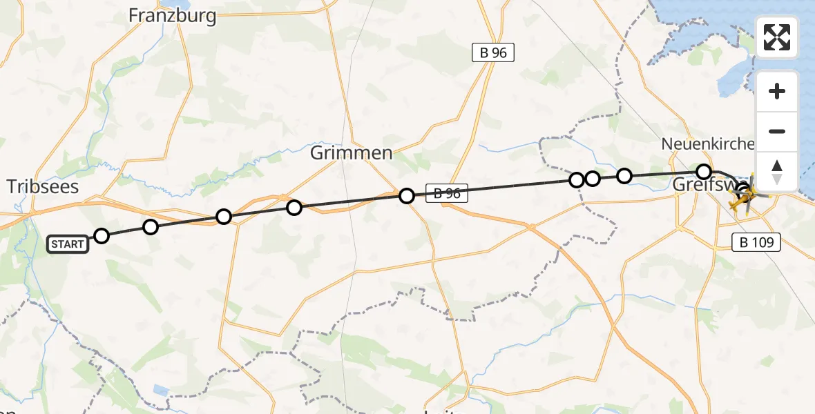Flugroute Rettungshubschrauber Deyelsdorf - Greifswald Hospital, 26 Juni 2026, 07:32