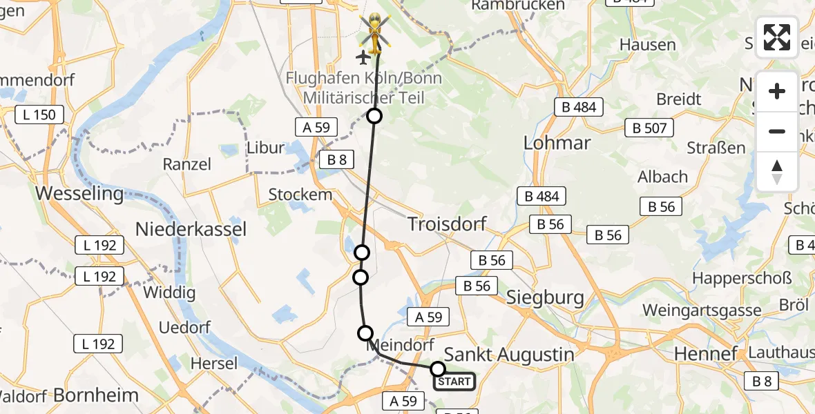 Flugroute Ambulanzhubschrauber Bonn-Hangelar Flugplatz - Köln Bonn Flughafen, 26 Juni 2026, 07:35