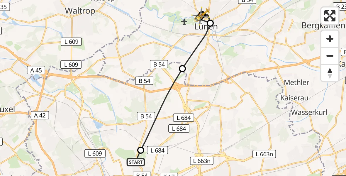 Flugroute Rettungshubschrauber Dortmund Hospital North - Sankt Marien Hospital Hubschrauberlandeplatz, 26 Juni 2026, 07:38