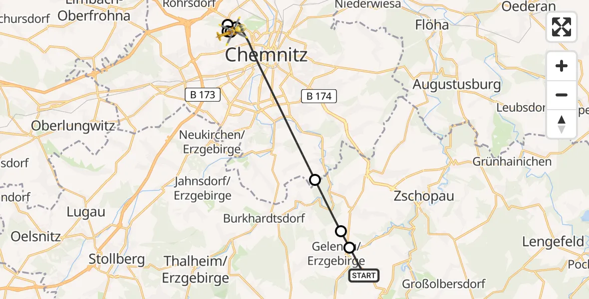 Flugroute Rettungshubschrauber Drebach - Flemmingstraße Hospital Rooftop, 26 Juni 2026, 07:38