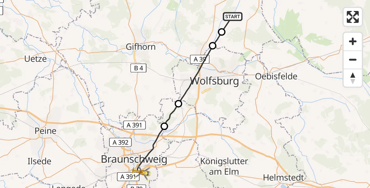 Flugroute Rettungshubschrauber Bergfeld - Braunschweig, 26 Juni 2026, 07:45