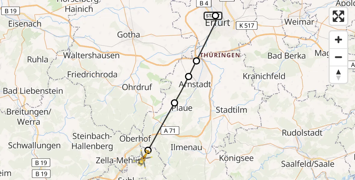 Flugroute Rettungshubschrauber Helios Clinic Erfurt - Suhl, 26 Juni 2026, 07:46