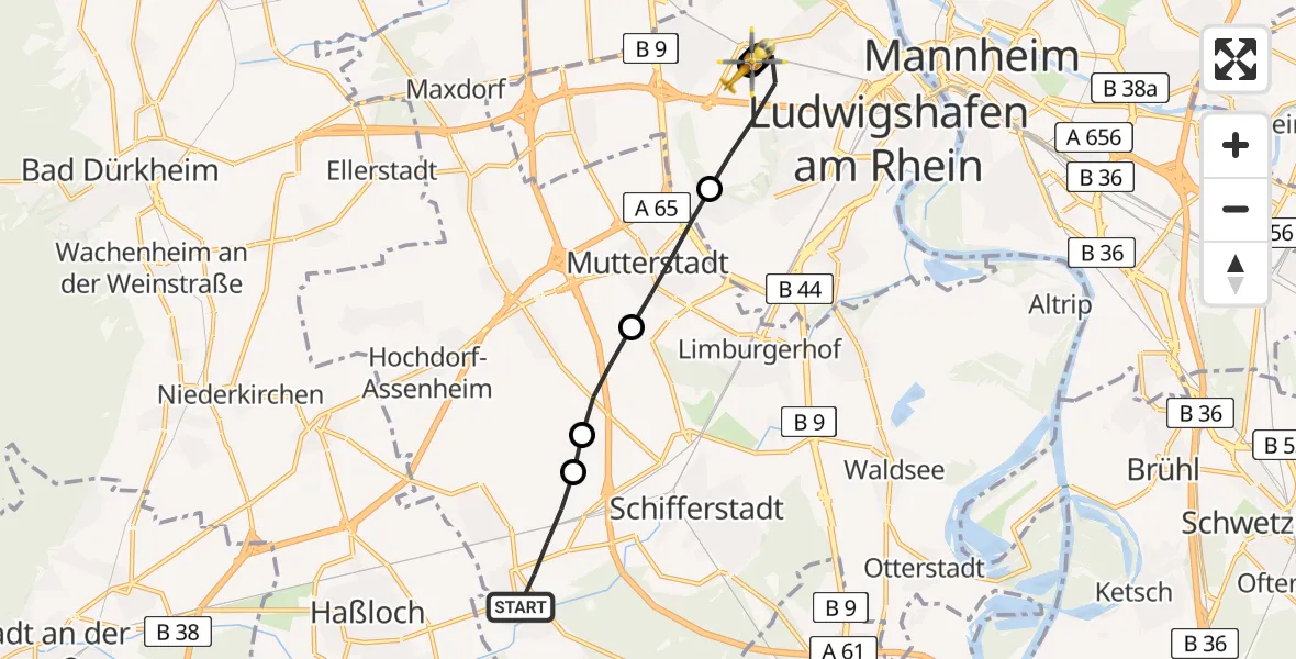 Flugroute Rettungshubschrauber Böhl-Iggelheim - Ludwigshafen Accident Hospital, 26 Juni 2026, 07:47