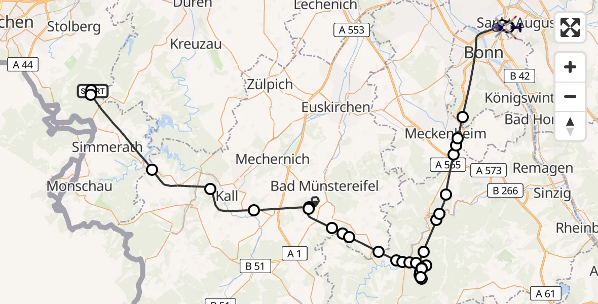 Flugroute Polizeihubschrauber Simmerath - Sankt Augustin, 26 Juni 2026, 07:53