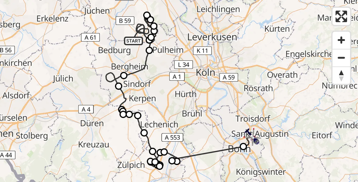 Flugroute Polizeihubschrauber Rommerskirchen - Sankt Augustin, 26 Juni 2026, 07:57