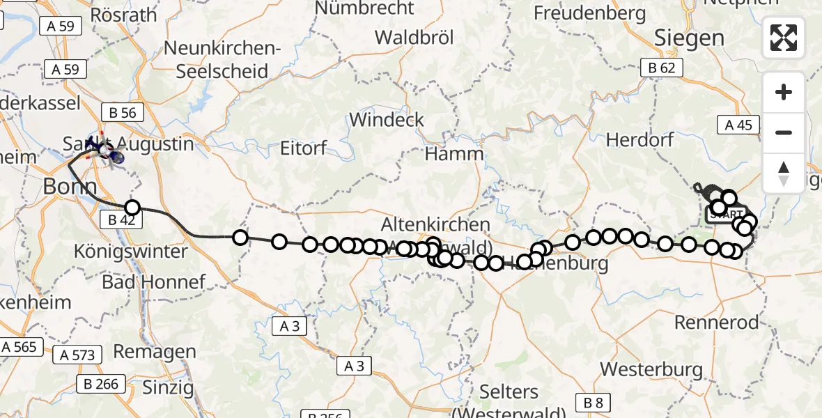 Flugroute Polizeihubschrauber Siegerland Flughafen - Sankt Augustin, 26 Juni 2026, 07:58