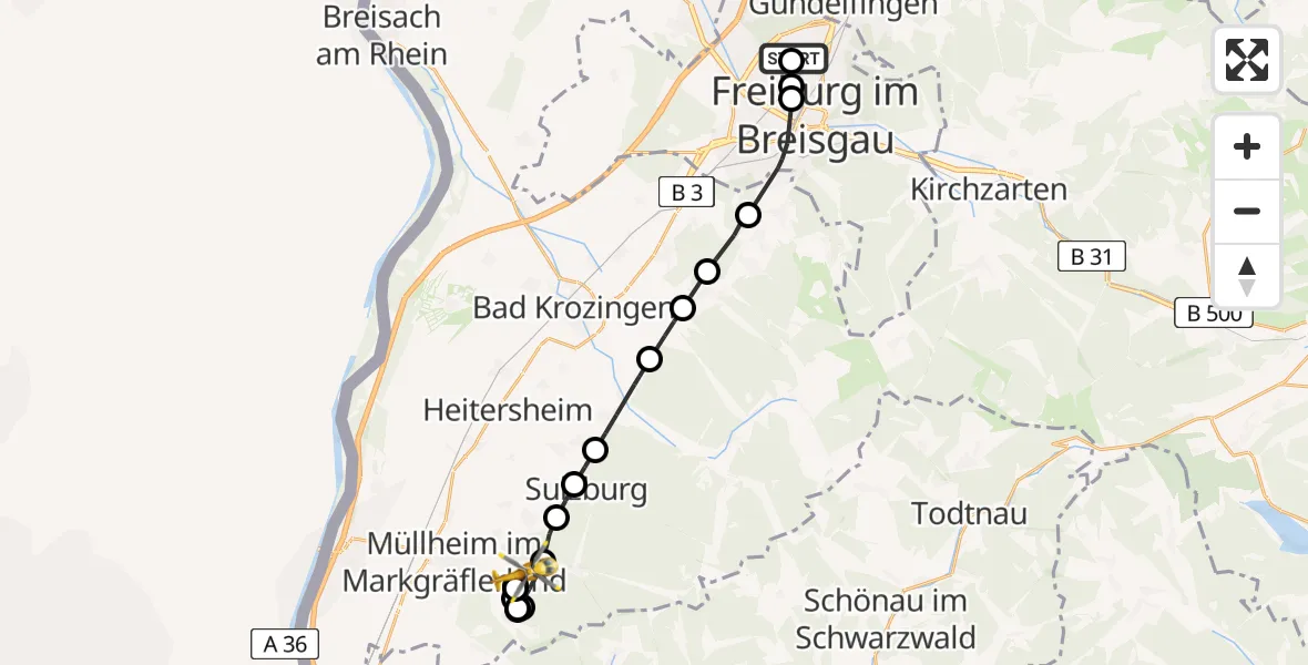 Flugroute Ambulanzhubschrauber Freiburg im Breisgau Flugplatz - Badenweiler, 26 Juni 2026, 08:01