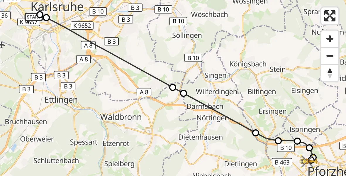 Flugroute Ambulanzhubschrauber Sankt Vincentius Hospital - Siloah Sankt Trudpert Hospital, 26 Juni 2026, 08:01