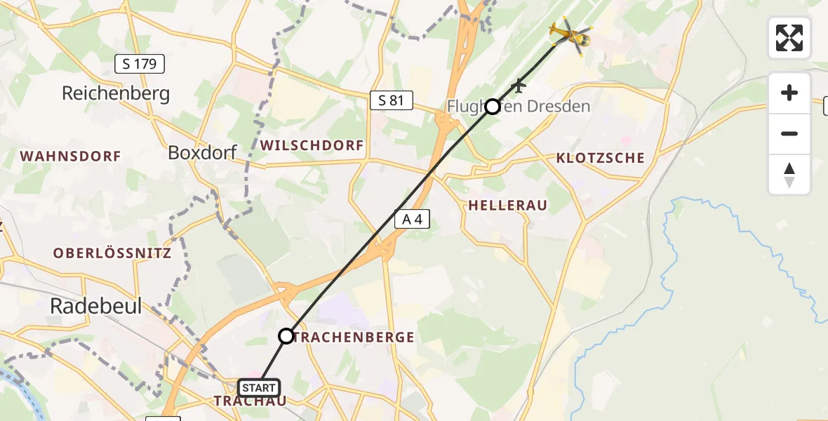 Flugroute Rettungshubschrauber Dresden Neustadt Hospital - Dresden Bundespolizei Hubschrauberlandeplatz, 26 Juni 2026, 08:05